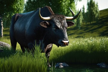 Wall Mural - Bull grazes in a pasture eating the green grass in the summer high quality videos 4K resolution