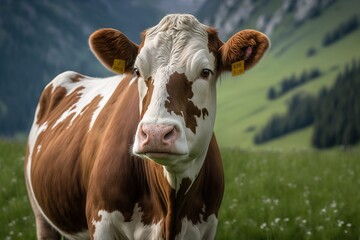 Wall Mural - Close-up of a brown and white cow on a green alpine meadow. High-quality photo, AI generated