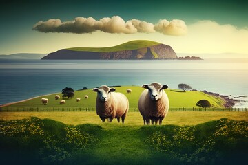 Wall Mural - Sheep grazing in a field on a farm near the sea with the coastline in the background. No people, AI generated 