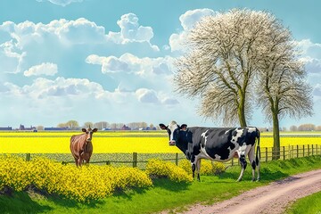 Wall Mural - spotted cows and yellow spring flowers in the meadow between Utrecht and gouda in the Netherlands on sunny spring day, AI generated 