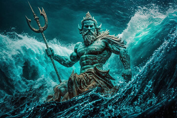 The statue of Poseidon with three forks stands in the waves