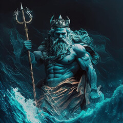 The statue of Poseidon with three forks stands in the waves