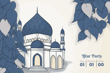 Poster - Islamic background with Mosque behind the blue leaves in hand drawn design for ramadan template