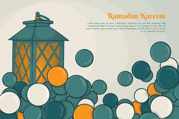 Poster - Ramadan kareem template design with Green yellow Bubble background and green lantern design