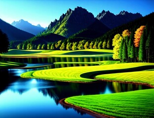 a calm lake with a mountain in the background