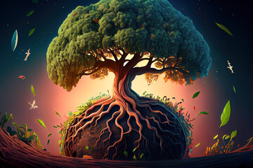 Wall Mural - ecological abstraction. tree growing from the globe. Generative AI