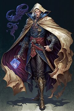 Full body view of a beautiful male sorcerer illustration, Magic sorcerer character for game. male wizard, generative AI