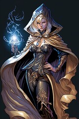 Full body view of a beautiful female sorcerer illustration, Magic sorcerer character for game. female wizard, generative AI