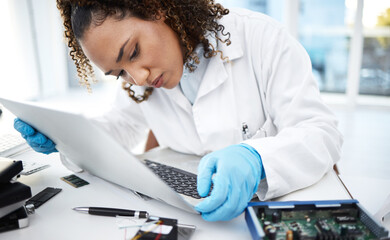 Poster - Motherboard, woman technician and computer in lab for cyber crime investigation, analysis or IT solution. Information technology engineer, laptop or laboratory for programmer for circuit, cpu or data