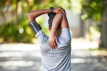 Poster - Black woman, fitness and stretching arms for running, cardio exercise or workout preparation in nature. African American female in warm up arm stretch behind back getting ready for run or training