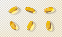 Set of golden oil capsules. Vector illustration with realistic softgels with fish oil, omega 3 or vitamin E, A. Golden transparent capsules isolated on checkered background. Dietary supplement.