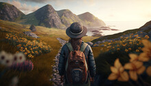 Girl Wearing Hat Cap And Backpack On The Natural Path, On The Top Of The Mountain, Grass And Flowers Along The Way, Morning Light