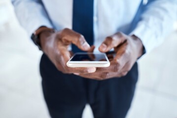 Canvas Print - Black man hands , phone screen and digital communication with 5g connection. Writing, social media scroll and email typing business employee outdoor networking online on technology and internet