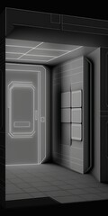 Poster - Grey black futuristic digital box room with a blank surface and a white grid background. Internet network technology. Banner, cover, landscape, sci fi, wireframe, and background related. Generative AI