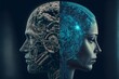 
AI and Neuroscience implemented in work force. digital humanoid cyber face. Artificial intelligence concept of big data or cyber security. Chat GPT concept. Generative AI.