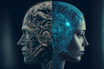 ai and neuroscience implemented in work force. digital humanoid cyber face. artificial intelligence 