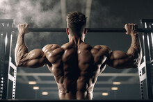 Muscular Back Of A Male Athlete Bodybuilder Exercising In The Gym. Generative AI