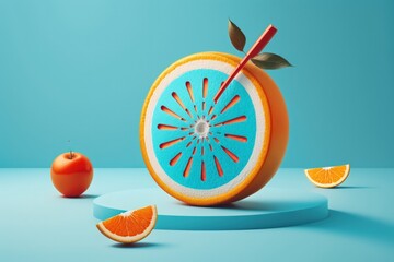 Sticker - Orange fruit with circular target marked and red dart on pastel blue background. minimal idea food and fruit concept. An idea creative to produce work within an advertising marketing communications