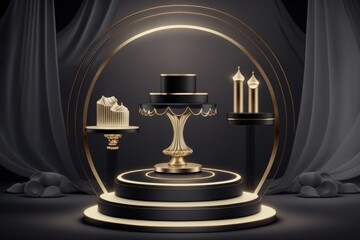 Poster - pedestal, podium, stand, and light are all dark matte. Space for branded goods and products on display. Illustration of Glow Decor for Luxury Royal Ads. Mockup for a shower cosmetics advertisement