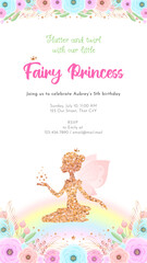 Wall Mural - Fairy birthday party invitation template. Gold sparkling silhouette of a cute little pixie on a beautiful floral background with a rainbow. Can be used for web and social networks. Vector 10 EPS.