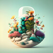 Nature in a jar. Flowers and stones. Concept. AI generation
