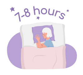 Poster - healthy bedtime habit 2d vector isolated illustration. senior hugging pillow flat character on carto