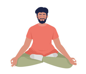 Poster - Bearded man sitting in relaxing yoga pose semi flat color vector character. Editable figure. Full body person on white. Simple cartoon style illustration for web graphic design and animation