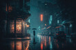 rainy city street at night , ai generated
