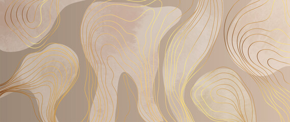 Luxury abstract line art background vector. Wallpaper design with gold curve line art pattern, earth tone watercolor texture background. Design illustration for home decoration, card, poster, banner.