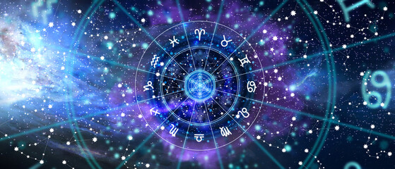 astrological zodiac signs inside of horoscope circle. astrology, knowledge of stars in the sky over 