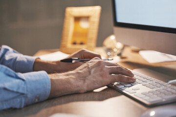 Poster - Night, closeup and hands with keyboard, business and man typing, connection and digital planning for sales growth. Overtime, zoom and male employee with computer, online reading and email for project