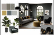 Modern interior design elements on white background living room mood board.