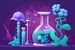 Blue laboratory background with a purple flower, glass flask, and vial in biological, cosmetic, and health science. Generative AI