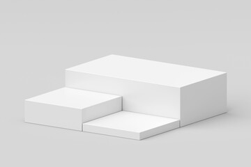 Modern white cube podium stage isolated on 3d background set of product display presentation platform group object show scene or geometric pedestal studio stand and empty advertising showcase mockup.