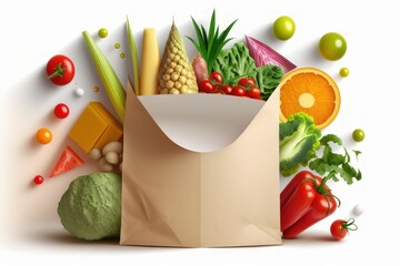 Sticker - Delivery healthy food background. Healthy vegan vegetarian food in paper bag vegetables and fruits on white, copy space, banner. Shopping food supermarket and clean vegan eating concept. Generative AI