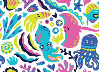 Poster - Seamless pattern with cute funny marine creatures in bright acid colours. Flat simple style vector illustration