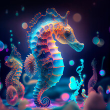 3D Background Seahorse With Bright Fluorescent Magical Neon Light Swimming - Generated Artificial Intelligence- AI