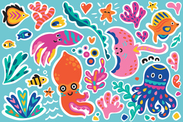 Poster - Collection of cute cartoon marine creatures in bright childish style. Flat simple style vector