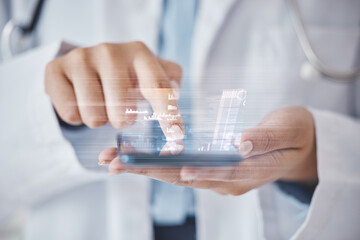 Leinwandbilder - Hologram, digital and doctor has phone with analytics information, analysis and data from the internet, web or website. Hands, app and futuristic healthcare professional with AI doing research online