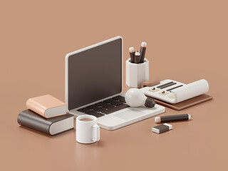 Aufkleber - 3d rendering of desk with laptop and office accessories.