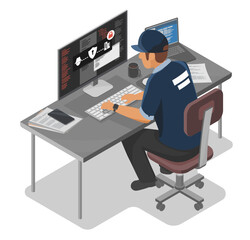 Cyber security Jobs Good Hacker concept Software Website server protection from hacker to save database illustration isometric isolated vector cartoon