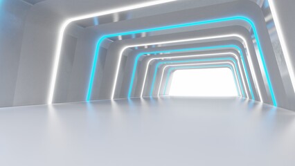 Futuristic interior background lamps glowing in gray tunnel 3d render