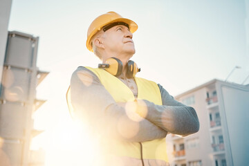 Poster - Construction worker, senior man and architecture, leadership mindset with contractor outdoor in city. Renovation, building industry and builder thinking with urban job site and property development