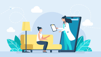 Doctor online concept. Mobile application female doctor. Woman in home using mobile app. Medication prescription. Consult online doctor. Smartphone screen with female therapist. Vector illustration