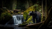 Black Bear By A Mountain Stream. Green Forest.