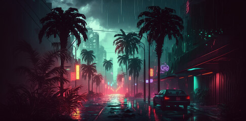 Wall Mural - a neon lit futuristic city. a palm lined street in a wet city. cyberpunk and the idea of virtual reality. Illustration. Generative AI
