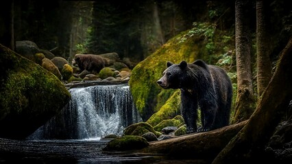 black bear by a mountain stream. green forest.