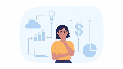 Fototapete - Animated creating business plan. Startup financing. Female entrepreneur 2D cartoon flat character 4K video footage on white with alpha channel transparency. Concept animation for web design