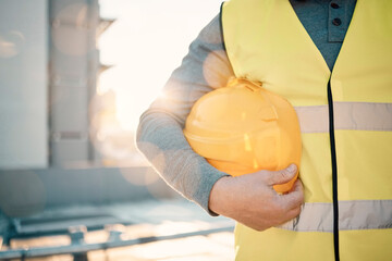 Poster - Engineering, helmet and hands of construction worker in lens flare for urban development and architecture mission. Building contractor, builder person or technician with safety gear on city rooftop