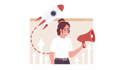 Fototapete - Animated good marketing campaign. Startup launch announcement. Social media. 2D cartoon flat character 4K video footage on white with alpha channel transparency. Concept animation for web design